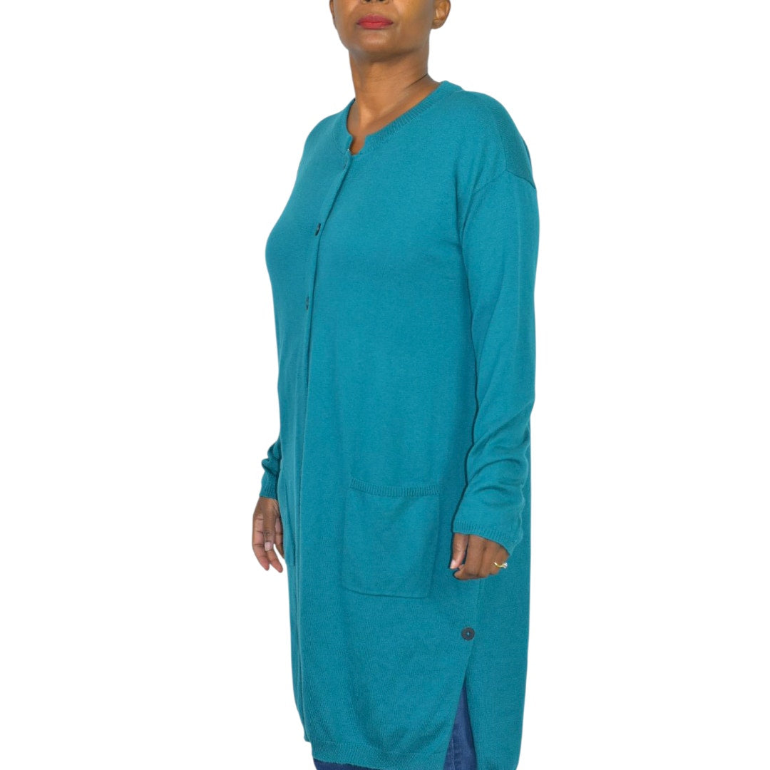 J Jill Longline Cardigan Sweater Green Teal Blue Long Duster Knit Classic Medium