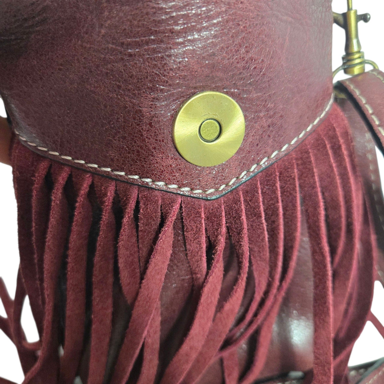 Firenze Bella Fringe Leather Bag Red Burgundy Studded Crossbody Pouch Adjustable Compact