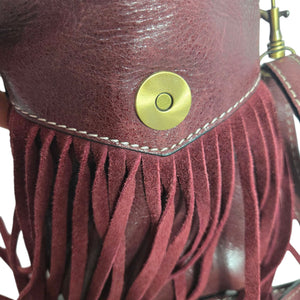Firenze Bella Fringe Leather Bag Red Burgundy Studded Crossbody Pouch Adjustable Compact
