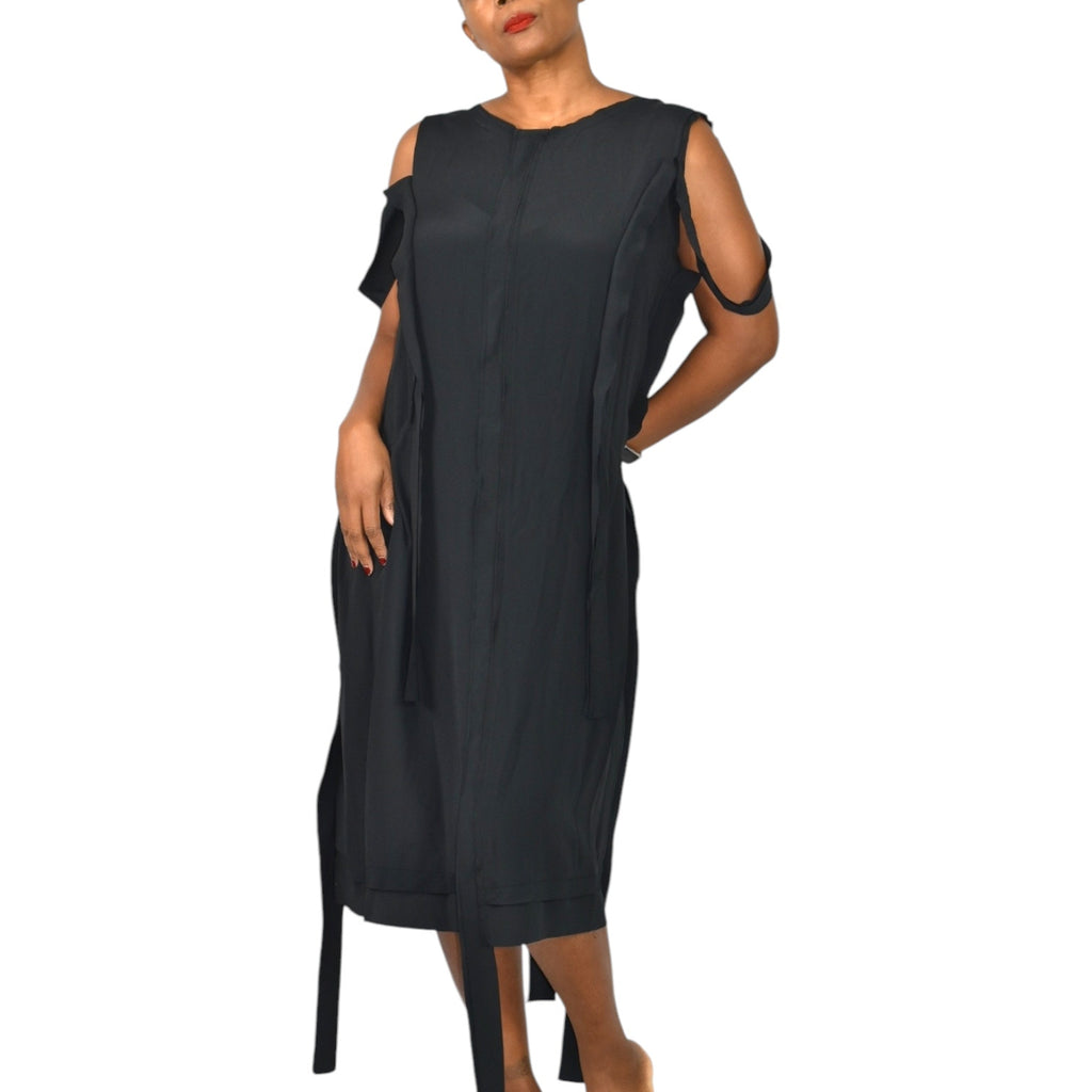 MeimeiJ Draped Dress Black Cutout Cold Shoulder Strappy Silk Blend Midi Wearable Art 8