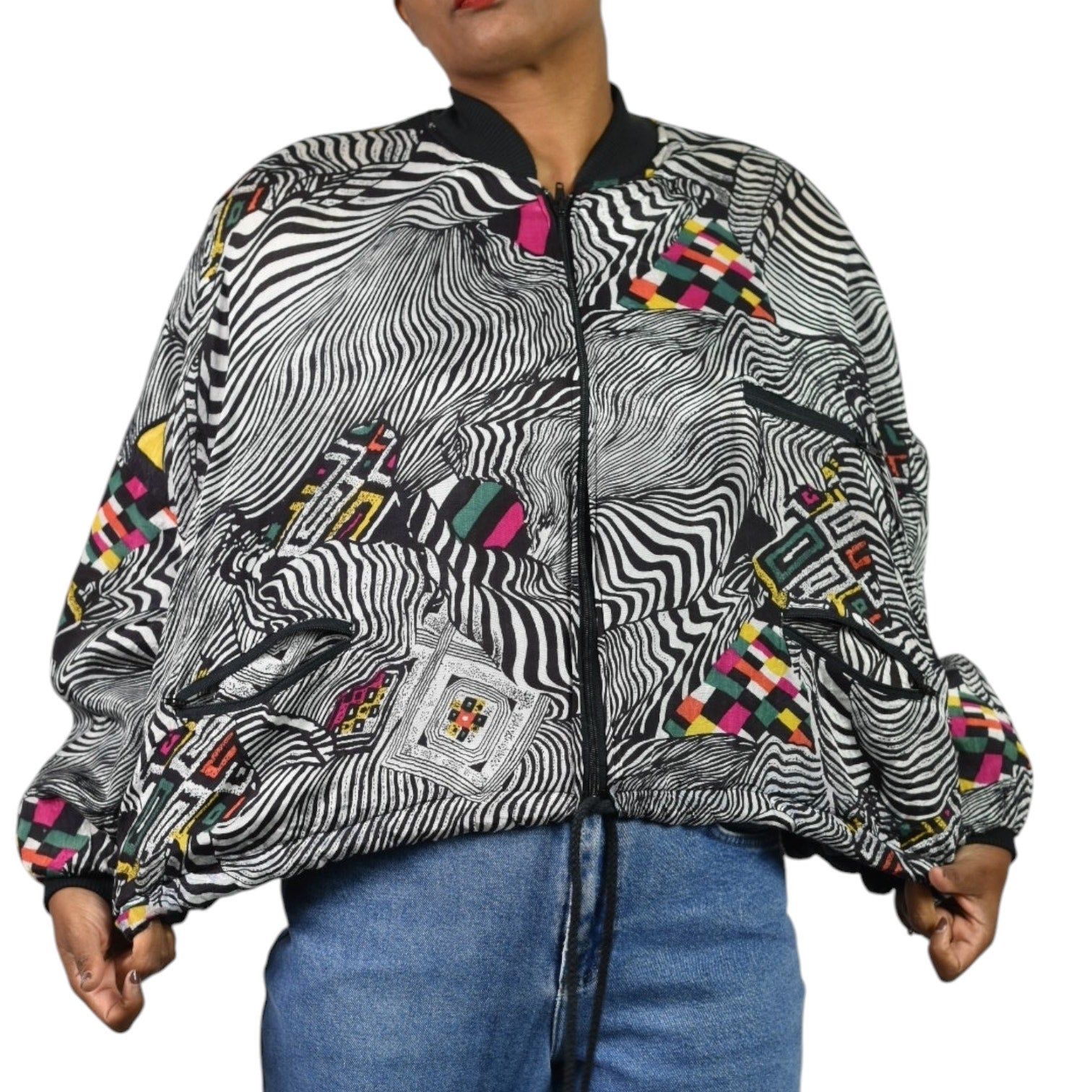 Vintage Magic International Print Bomber Jacket Silky Black Multi Zip Front Abstract Zebra One Size OS