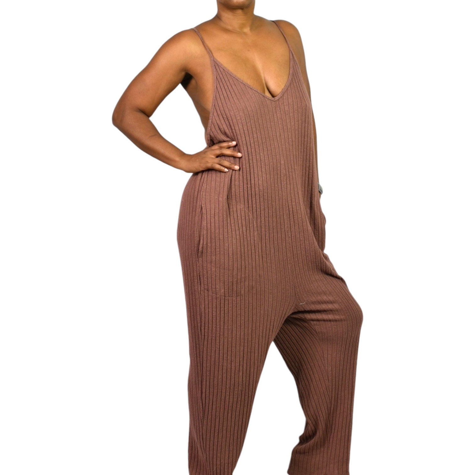 American Eagle Ribbed Knit Jumpsuit Brown Lounge Drop Crotch Racerback. Relaxed Size Medium