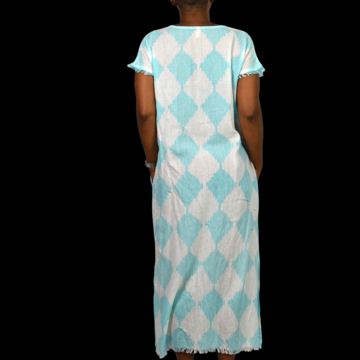 Lula Soul Cotton Caftan Blue Diamond Print Fringe Lightweight Dress Maxi Slits Cover Up Tunic XS