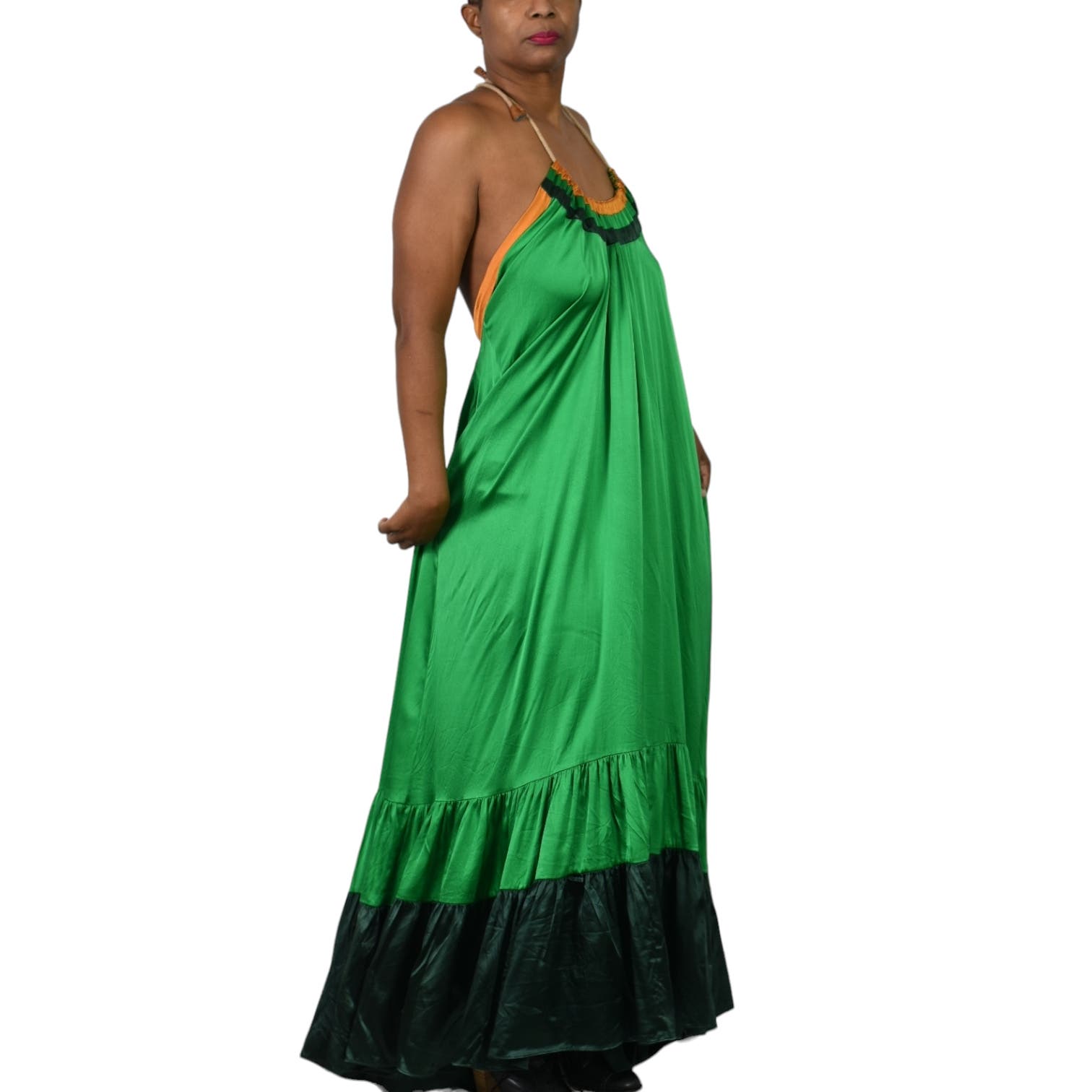 Love Binetti Halter Dress Green Silk Satin Maxi Sundress Draped Tent Oversized Lounge Patio Flowy Size Medium