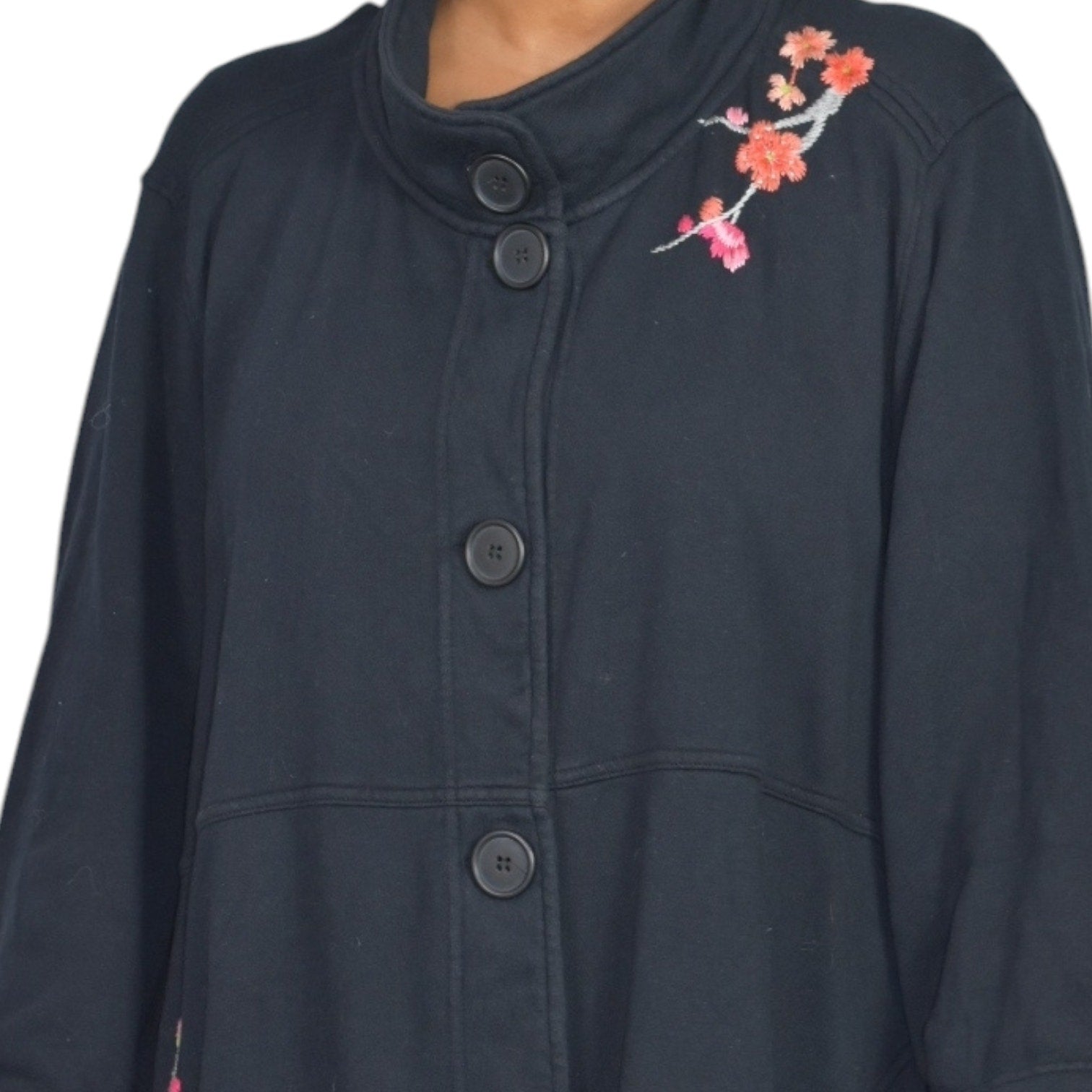 Vintage Johnny Was Terry Knit Jacket Black Embroidered Sweatshirt Floral Jacket  Military Coat Duster Plus XL