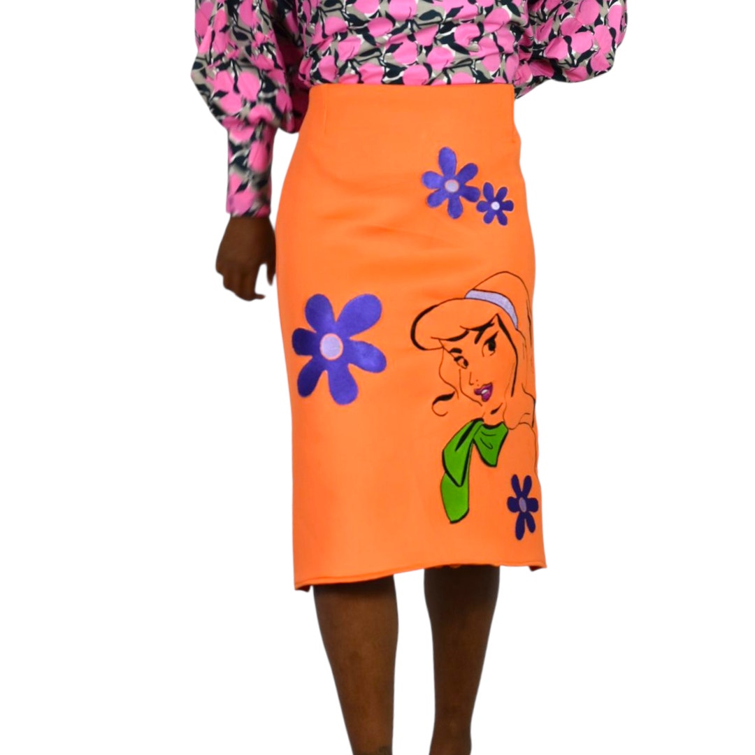 Yayas Designs Daphne Embroidered Skirt Orange Neoprene Retro Cartoon Scooby Doo Medium