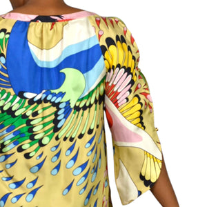 TIBI Silk Printed Tunic Yellow Colorful Peacock Jeweled Studded Blue Cutouts Birds 6