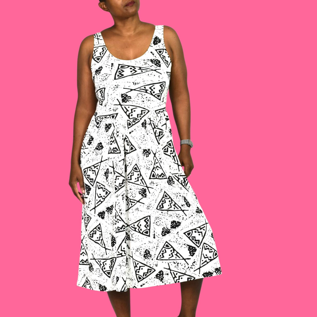 Vintage Champagne West Dress White Black Geo Print Midi Tank Sundress Pockets Monochromatic Small