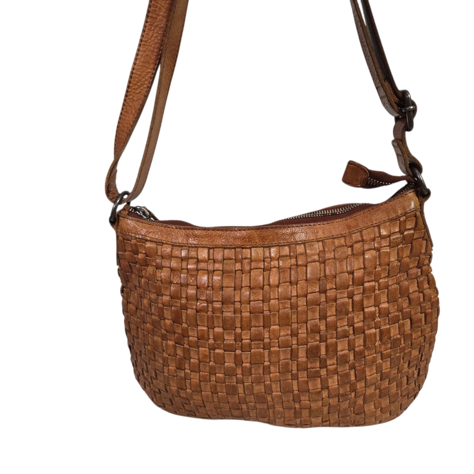 Vilenca Holland Leather Bag Brown Cognac Woven Leather Adjustable Shoulder Crossbody Soft Slouchy