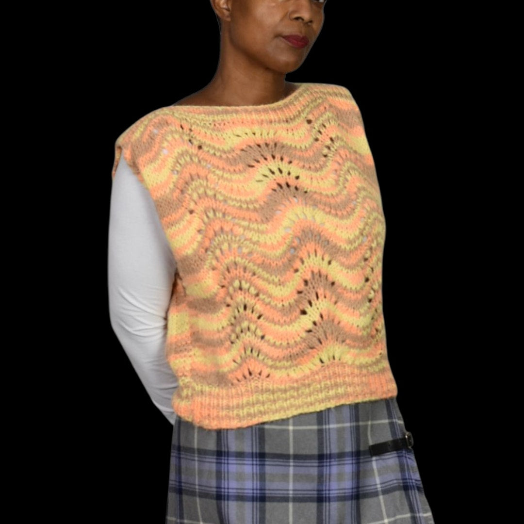 Homemade Sweater Vest Top Jerkin Yellow Vintage Hand Knit Knitted Pastel Wave Medium