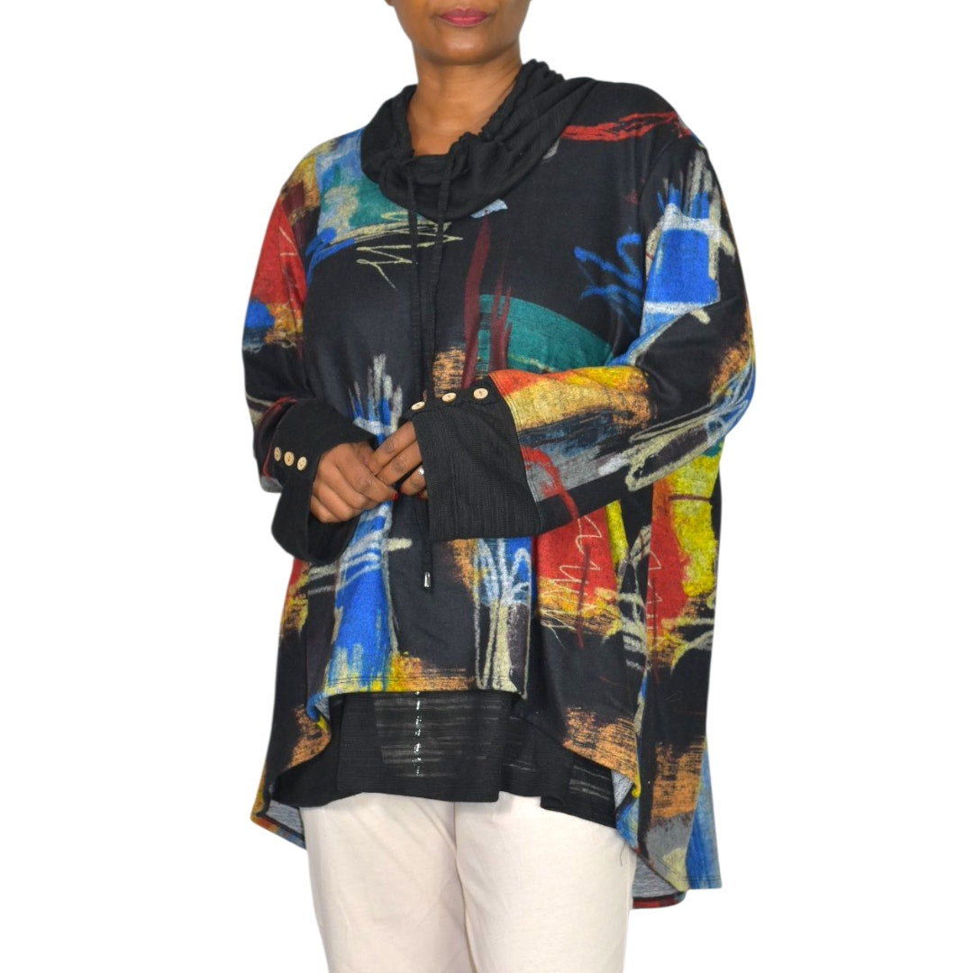 Ali Miles Abstract Art Cowl Neck Tunic Multicolor Black Print Sweater Top Lagenlook Plus 2X