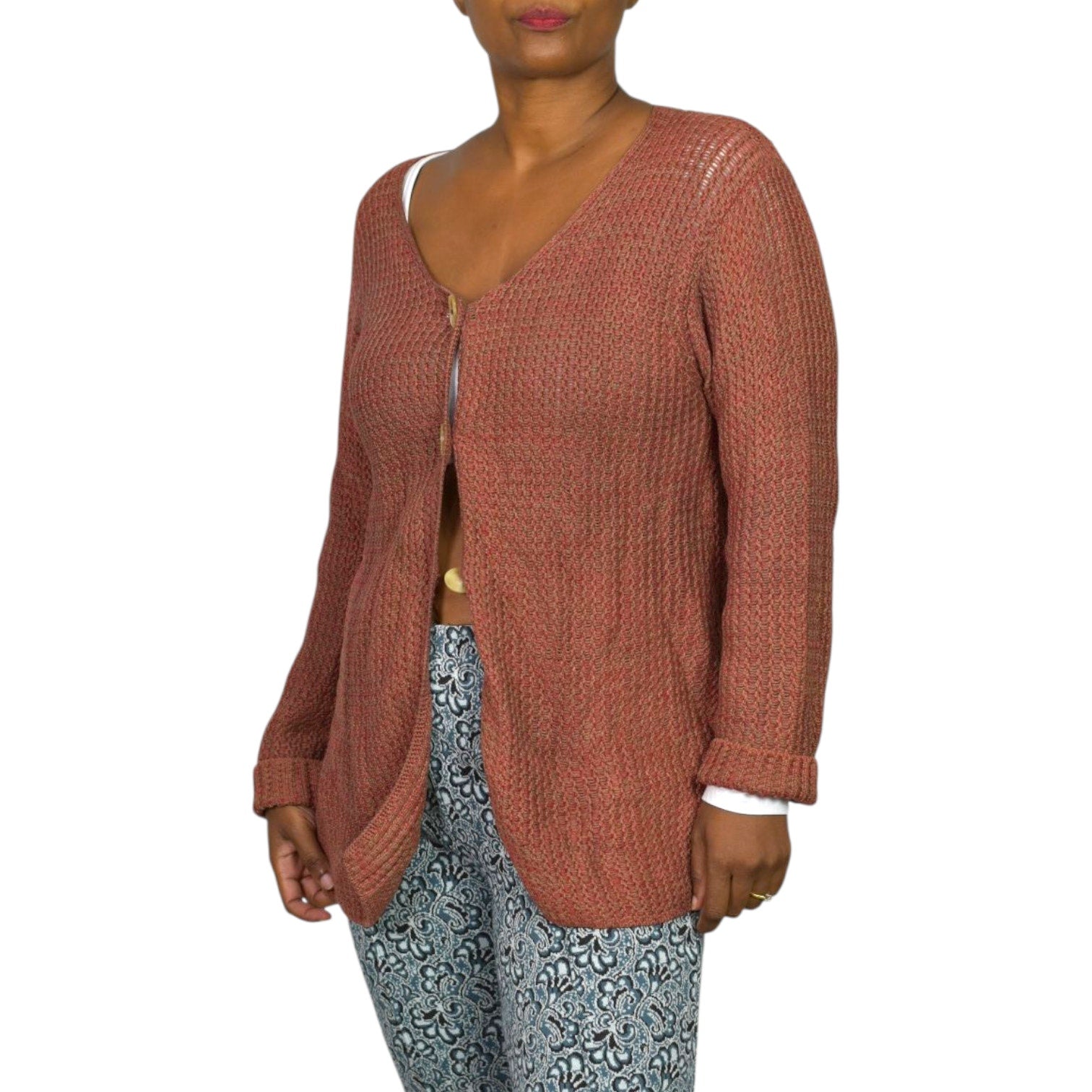 Vintage Peruvian Connection Sweater Russet Brown Pima Cotton Woven Cardigan Medium