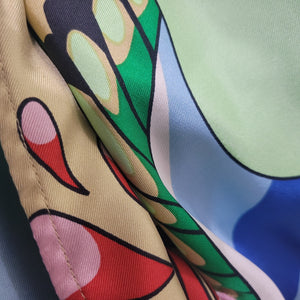 TIBI Silk Printed Tunic Yellow Colorful Peacock Jeweled Studded Blue Cutouts Birds 6