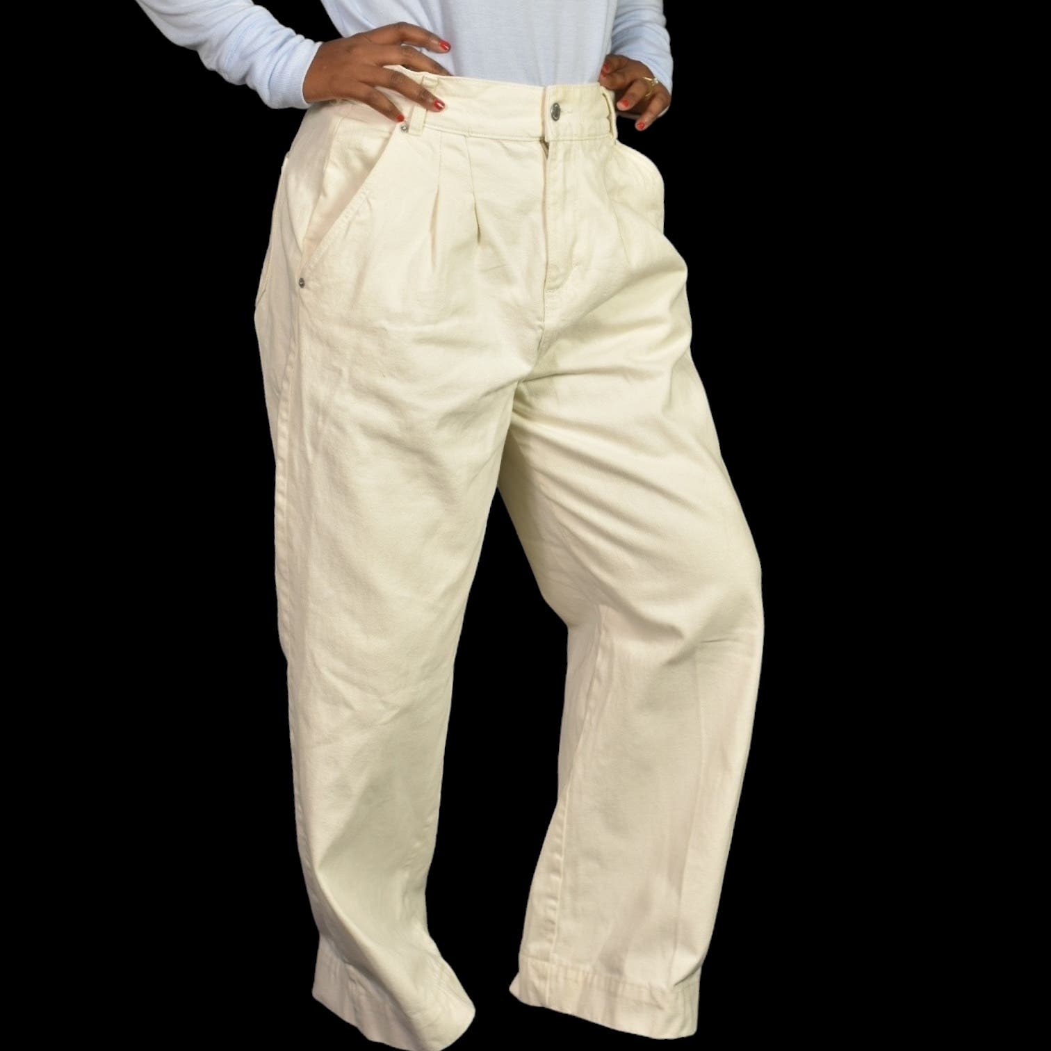 Zara Baggy Jeans White Cream Wide Leg High Waist Trouser Slouchy Chino Khaki Straight Rigid Cotton Denim Size 8