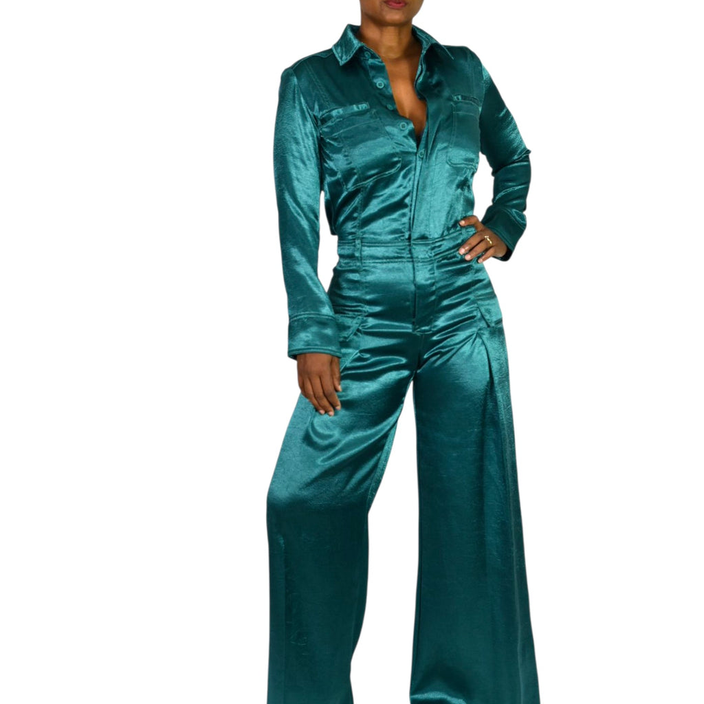 Free People Night Like This One Satin Jumpsuit Green Emerald Jewel Tone Silky Flare Wide Leg Cutout Utility XS