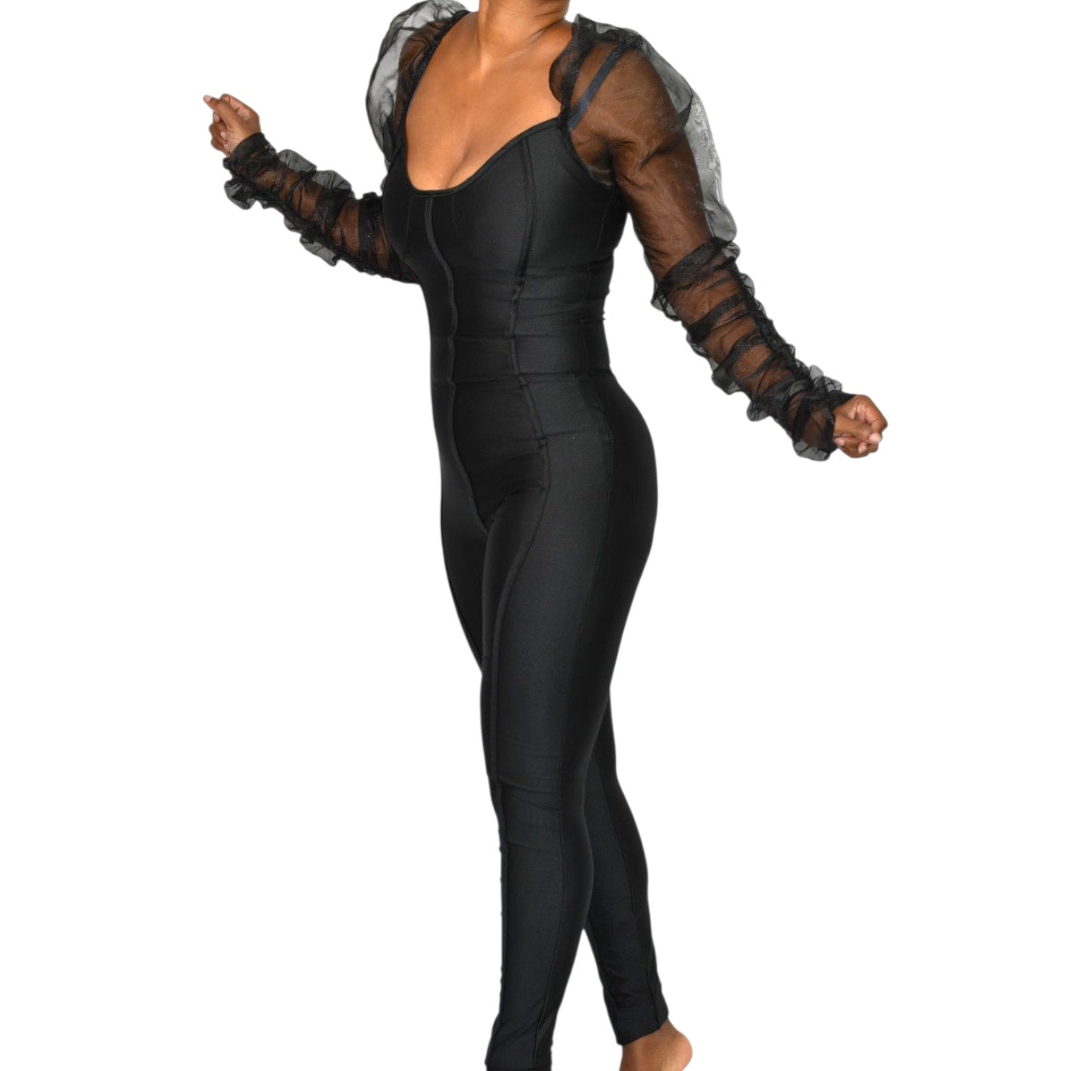 Lips Inc USA Jumpsuit Black Mesh Sheer Chiffon Puff Long Sleeve Bustier Bodysuit Small