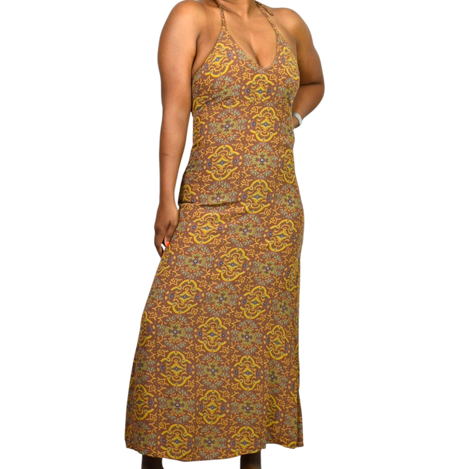 Vintage Gap Halter Dress Brown Mandala 90s Grunge Long Maxi Rayon Block Print Small