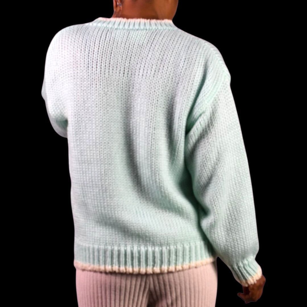 Vintage Far and Near Teddy Bear 3D Sweater Green Pastel Textured Fairy Kei Kawaii 90s Campy Novelty Large
