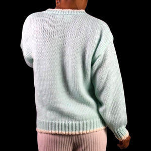 Vintage Far and Near Teddy Bear 3D Sweater Green Pastel Textured Fairy Kei Kawaii 90s Campy Novelty Large