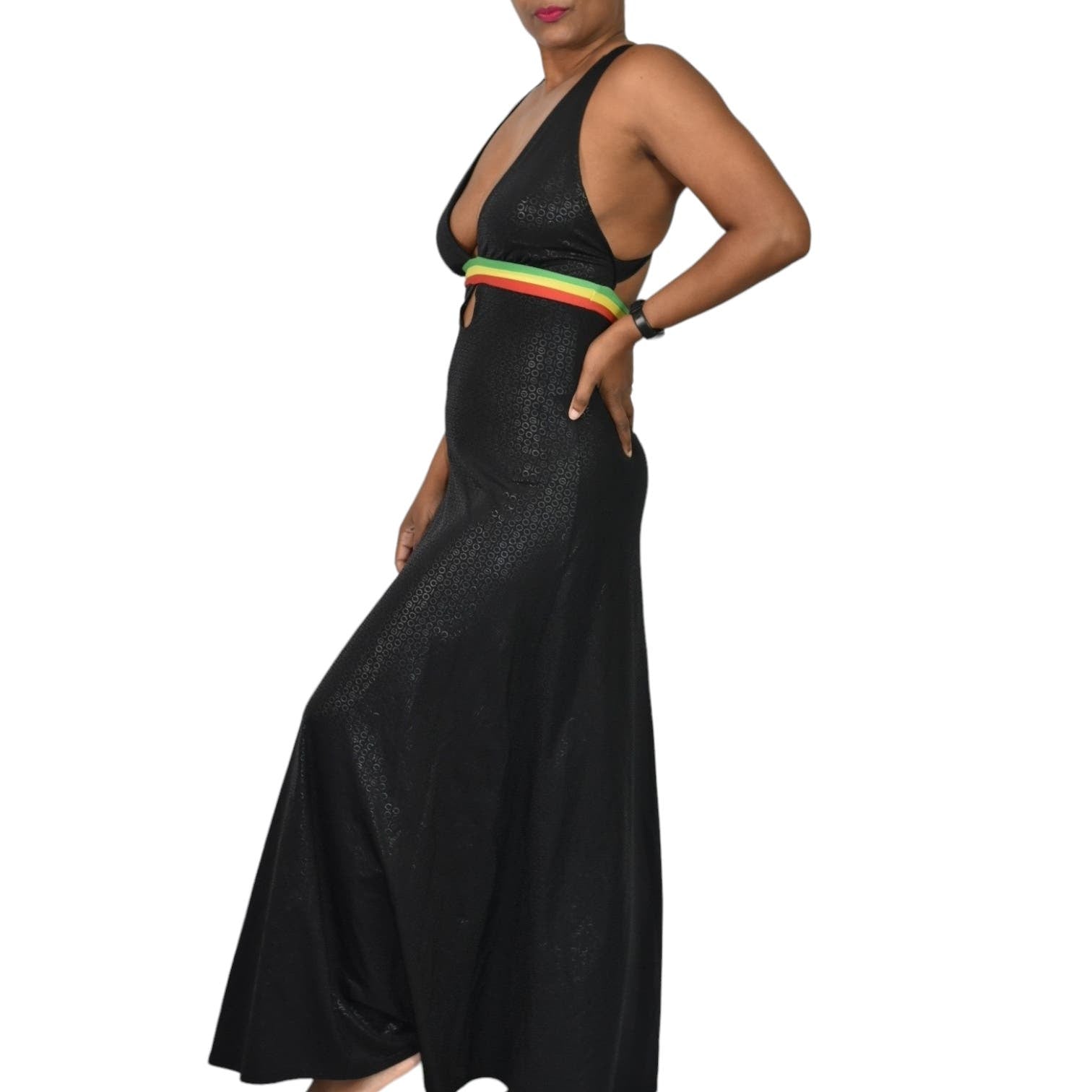 Coogi Rasta Maxi Dress Black Y2K Monogram Halter Low Cut Retro Halter Logo Size Small