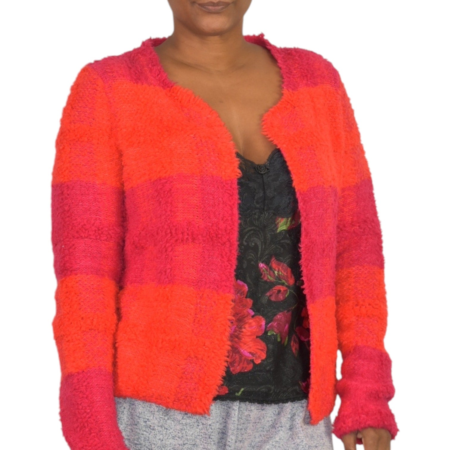 Marc Cain Boucle Sweater Jacket Pink Colorblock Furry Texture Pile Cardigan Wool Alpaca Open Size 6