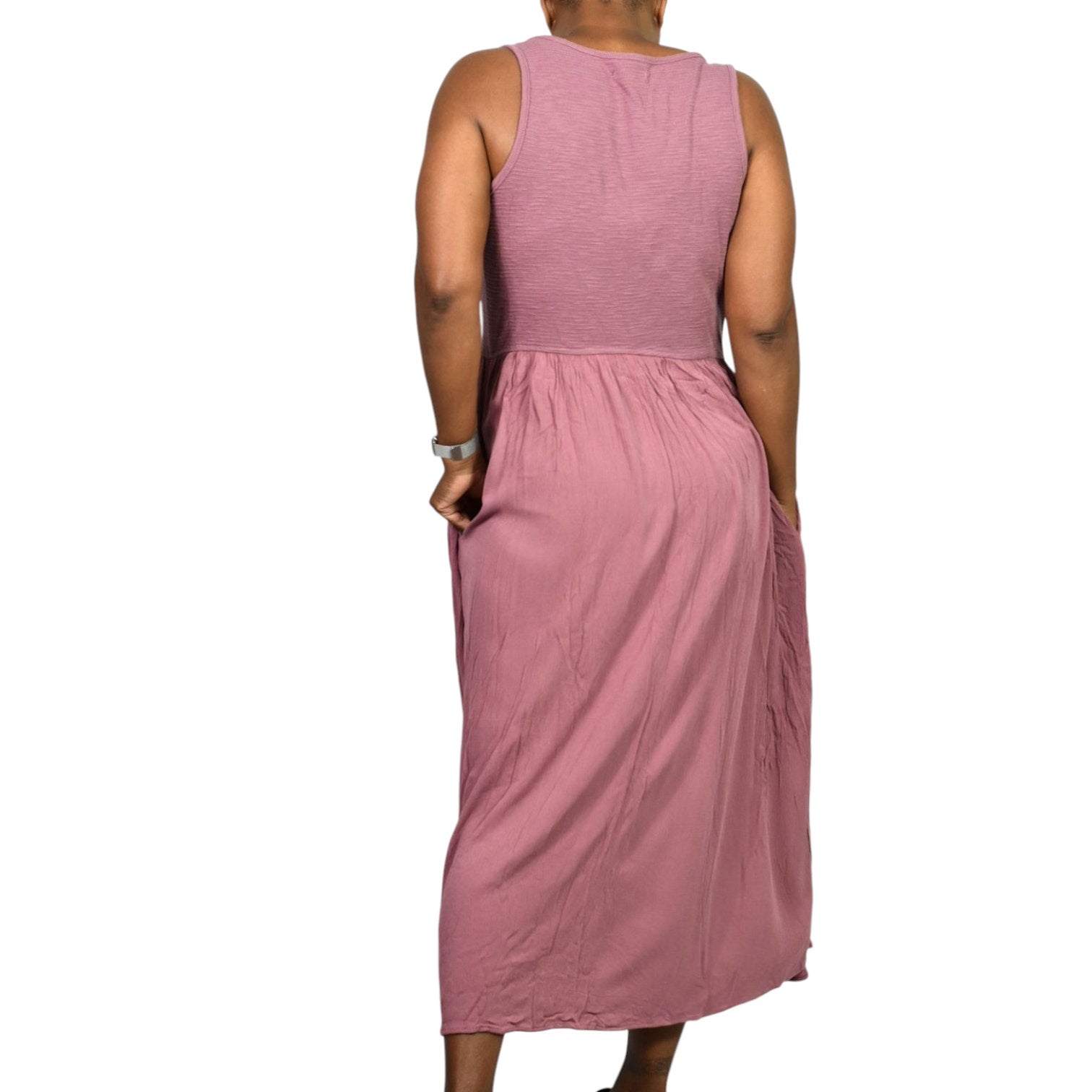Frye Easy Button Front Dress Pink Mauve Minimalist Tank Jersey Knit Pockets Rayon Medium