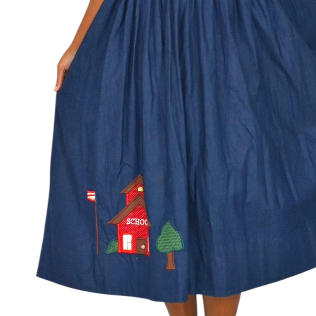 Vintage Betsys Denim Pinafore Dress Blue Teacher Applique Smock Patchwork Long School Medium