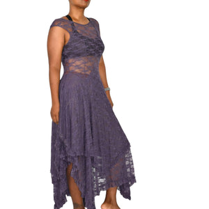 Free People French Courtship Slip Dress Purple Stretch Lace Sheer Midi Asymmetric Handkerchief Hem XS