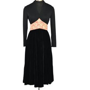 Vintage Midi Dress Black Banded A LIne Velvet Satin Long Sleeves Fit Flare Knit Brocade 60s 70s XS