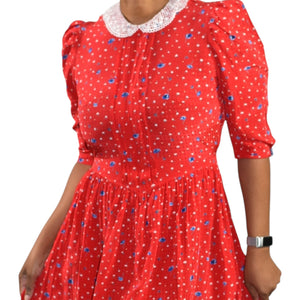 Jane Schaffhausen Belle France Dress Red Floral Midi Puff Sleeves Yoked Silky Rayon Peter Pan Collar Vintage Small