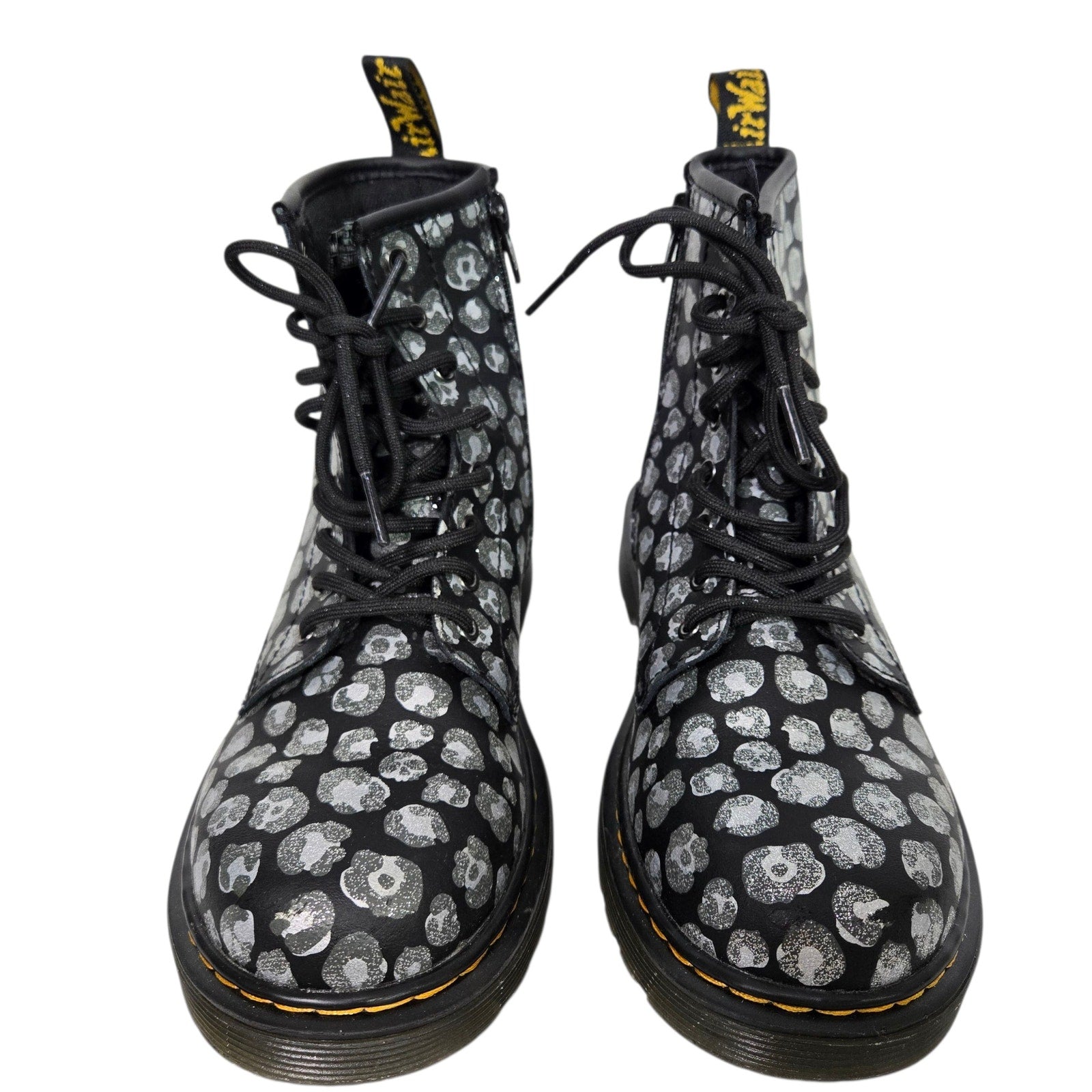 Dr Martens Junior Leopard Hydro Combat Boots Black Skulls Metallic Leather Ankle Girls 4