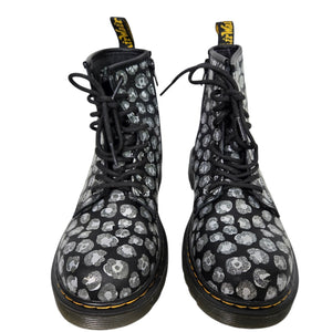 Dr Martens Junior Leopard Hydro Combat Boots Black Skulls Metallic Leather Ankle Girls 4