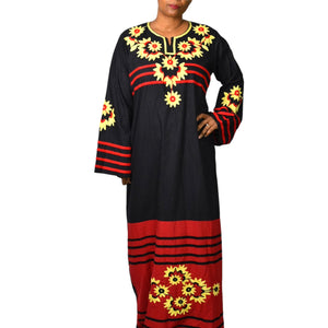 Egyptian Embroidered Caftan Dress Black Long Cover Up Tunic Floral Embroidery Yellow Large