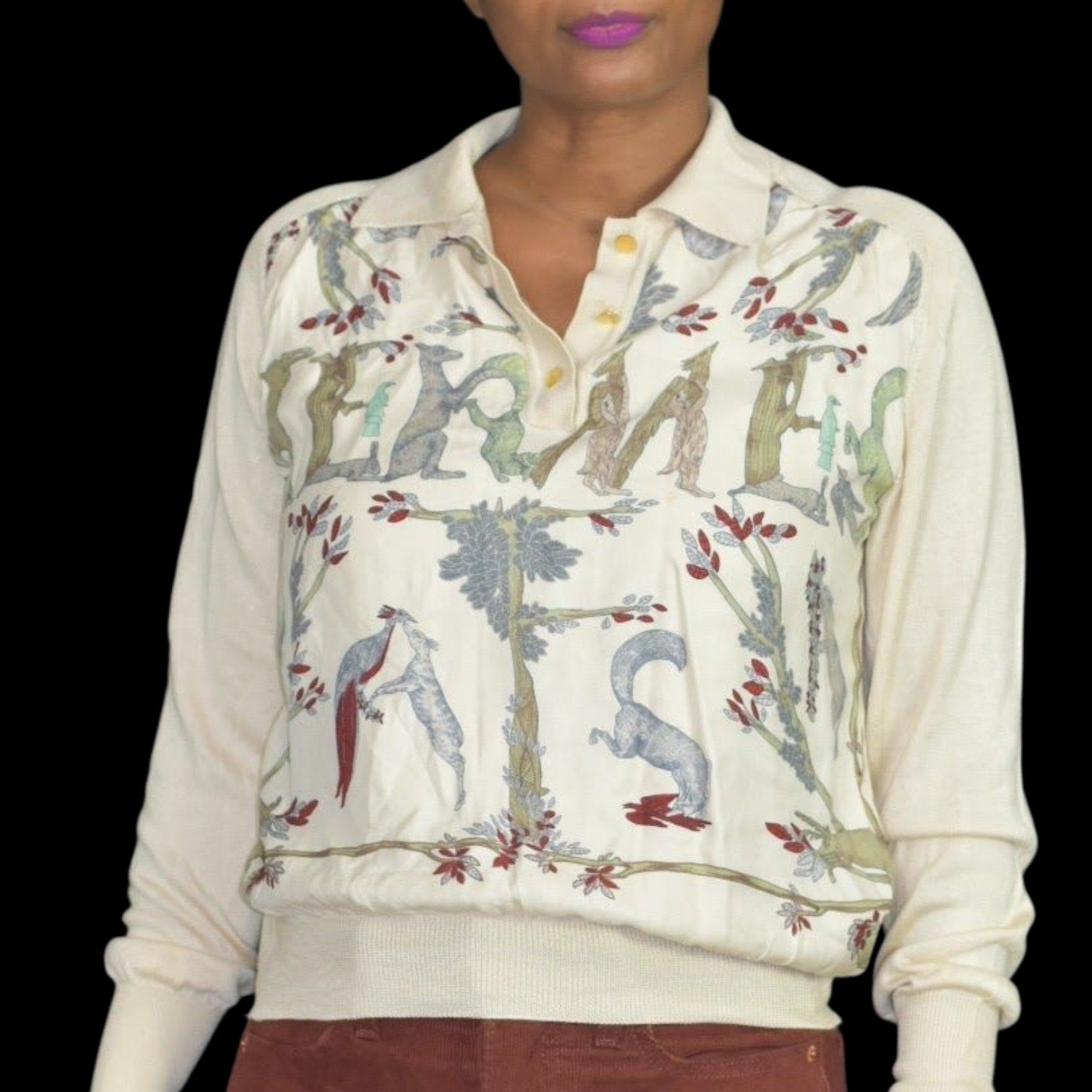 Vintage Hermes Alphabet Polo Top Beige Print Silk Cashmere Scarf Knit Logo Carre 90 Annie Faivre Small