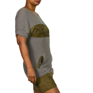 Allsaints Diego Tee Dress Grey Cotton Suede Colorblock Shift Knit Mini Pockets Minimalist XS