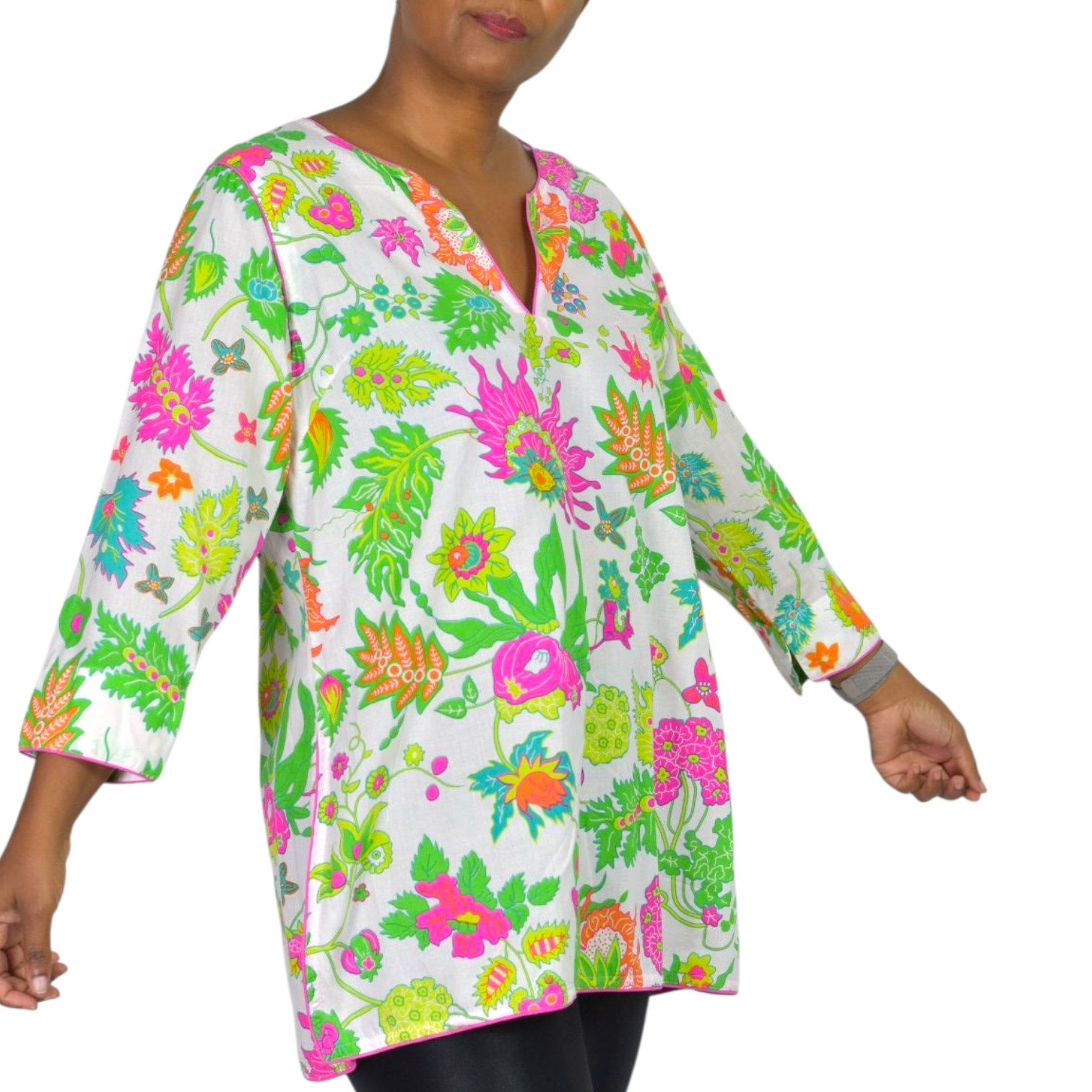 Gretchen Scott Cotton Tunic Pink Colorful Wonderland Top Blouse Cotton Floral Side Slits Split Neck Large