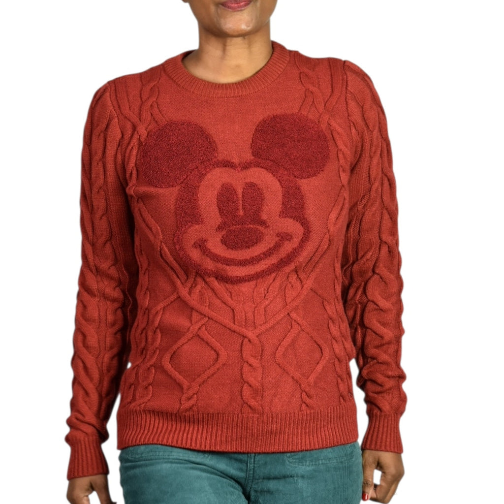 Disney Parks Mickey Mouse Cable Knit Sweater Red Rust Pullover Textured Crew Neck XS