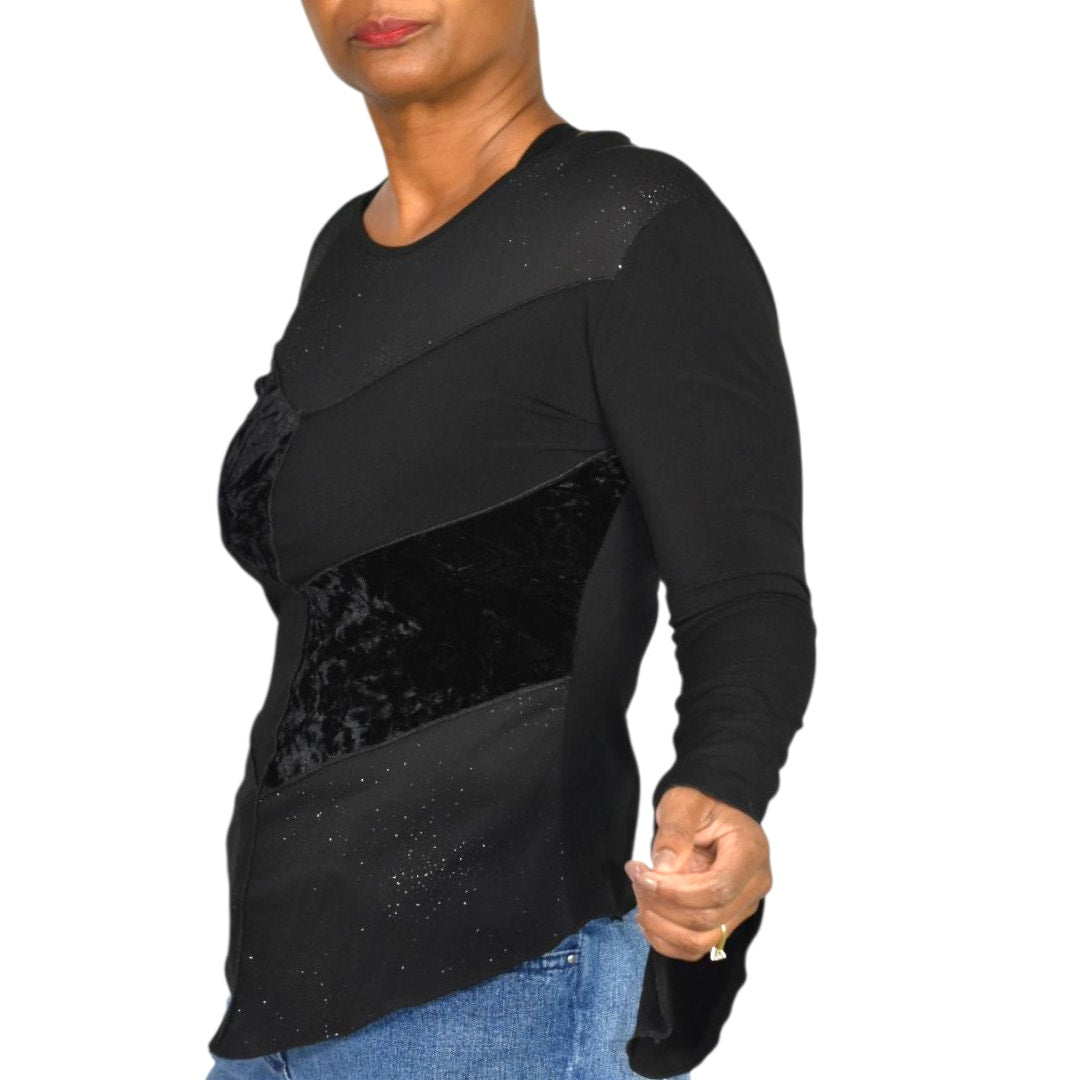 Vintage Ludmilla Paris Bell Sleeve Top Black Velvet Sparkle Y2K France Patchwork Small