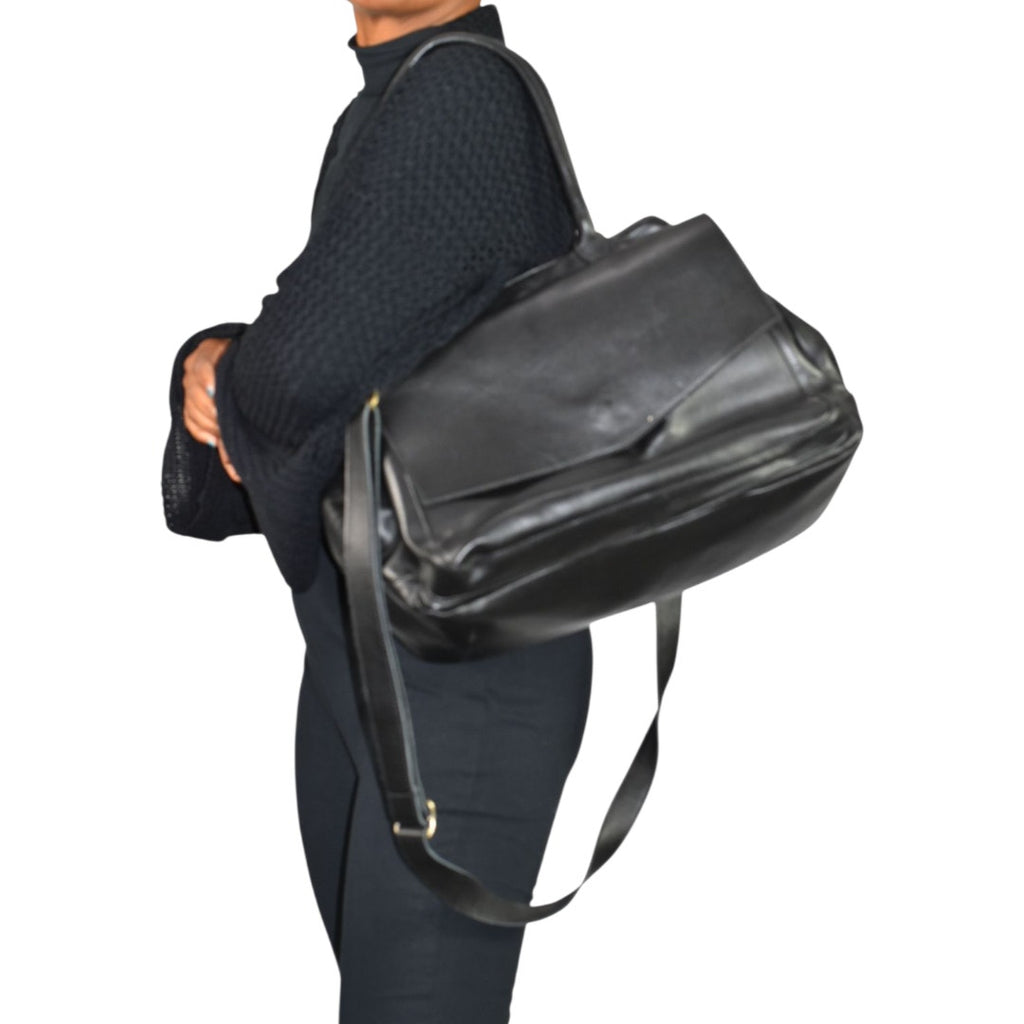 CORSIA Leather Tote Bag Satchel Black Italy Crossbody Strap Handles Carryall Structured