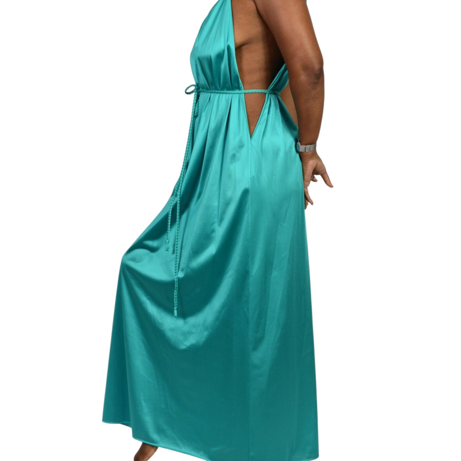 Vintage JC Penney Grecian Style Gown Green Teal Nylon Nightgown Goddess Long Maxi Silky Shiny Lingerie 70s 80s Large