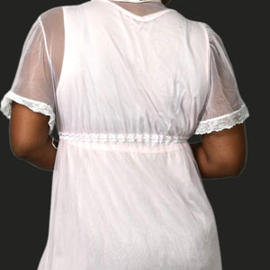 Vintage Katz Peignoir Set Baby Pink Chiffon Sheer Nylon Negligee Gown Robe Large
