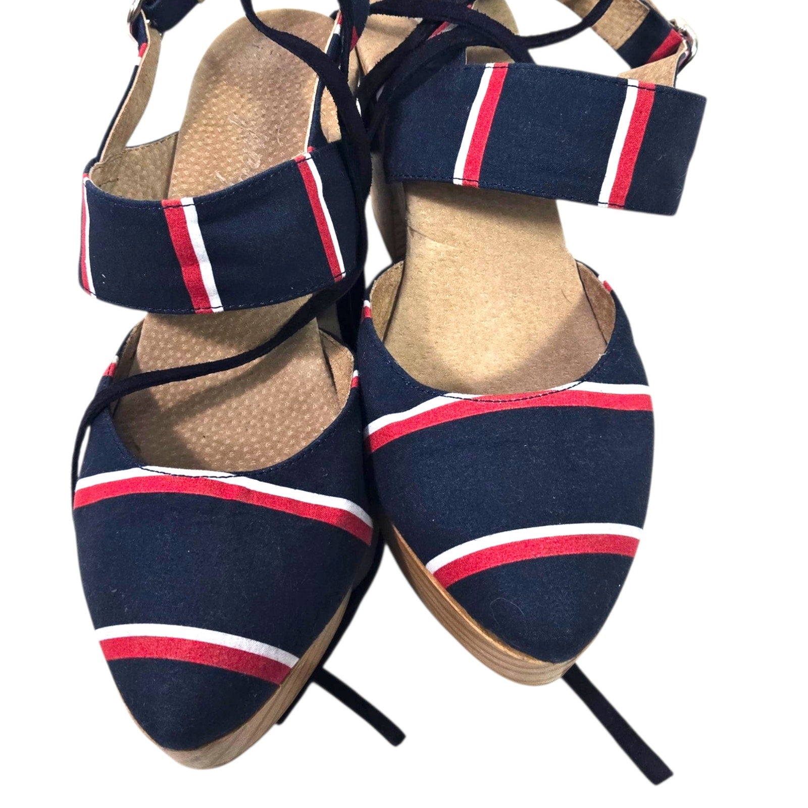 Free People Monaco Clogs Blue Navy Stripe Wrap Chunky Platform Wooden Heels 38 7.5