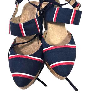 Free People Monaco Clogs Blue Navy Stripe Wrap Chunky Platform Wooden Heels 38 7.5