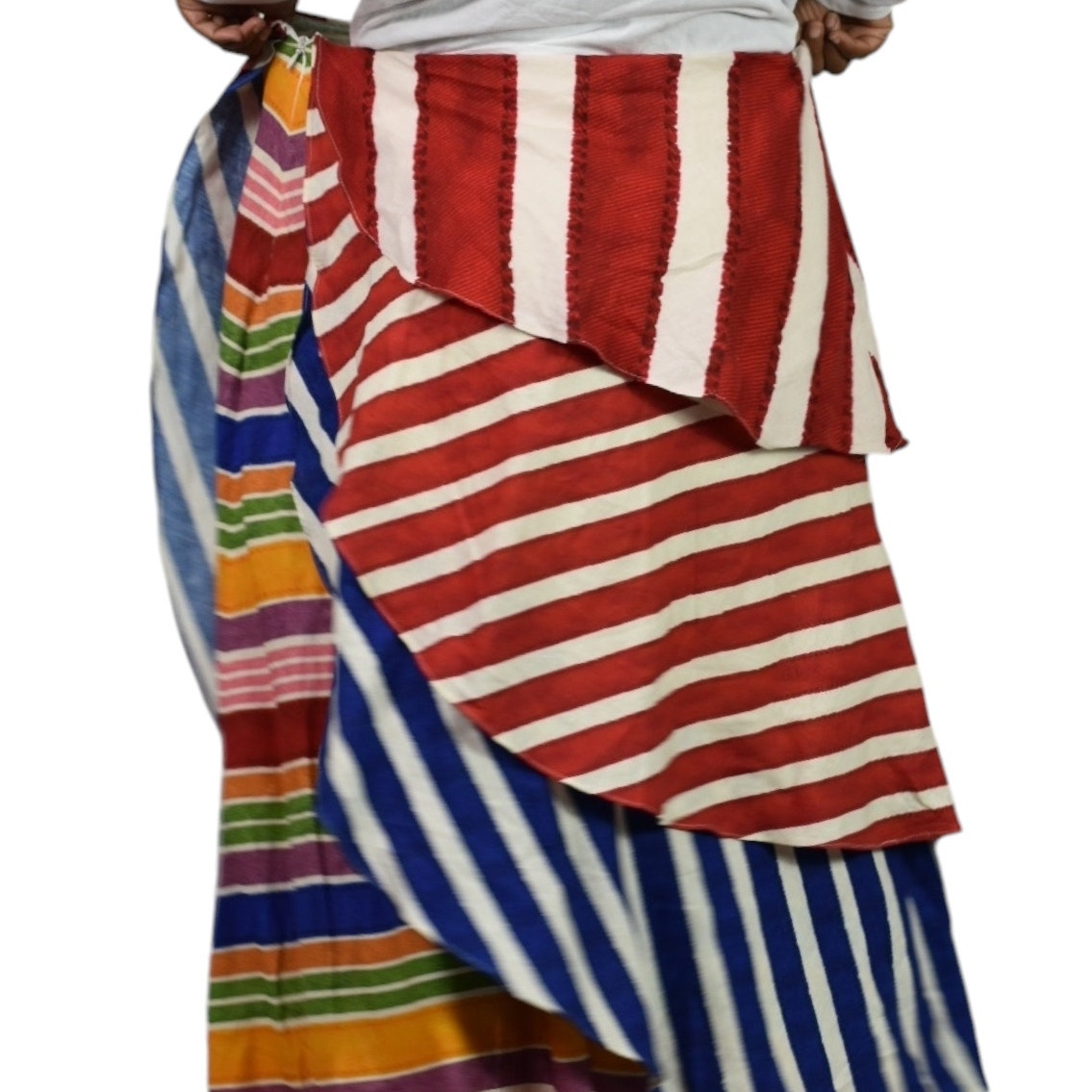 Farm Rio Amazing Stripes Skirt Red Multi Tiered Frilled Layers Chevron Rainbow Printed Midi Blue Linen Blend Size Large