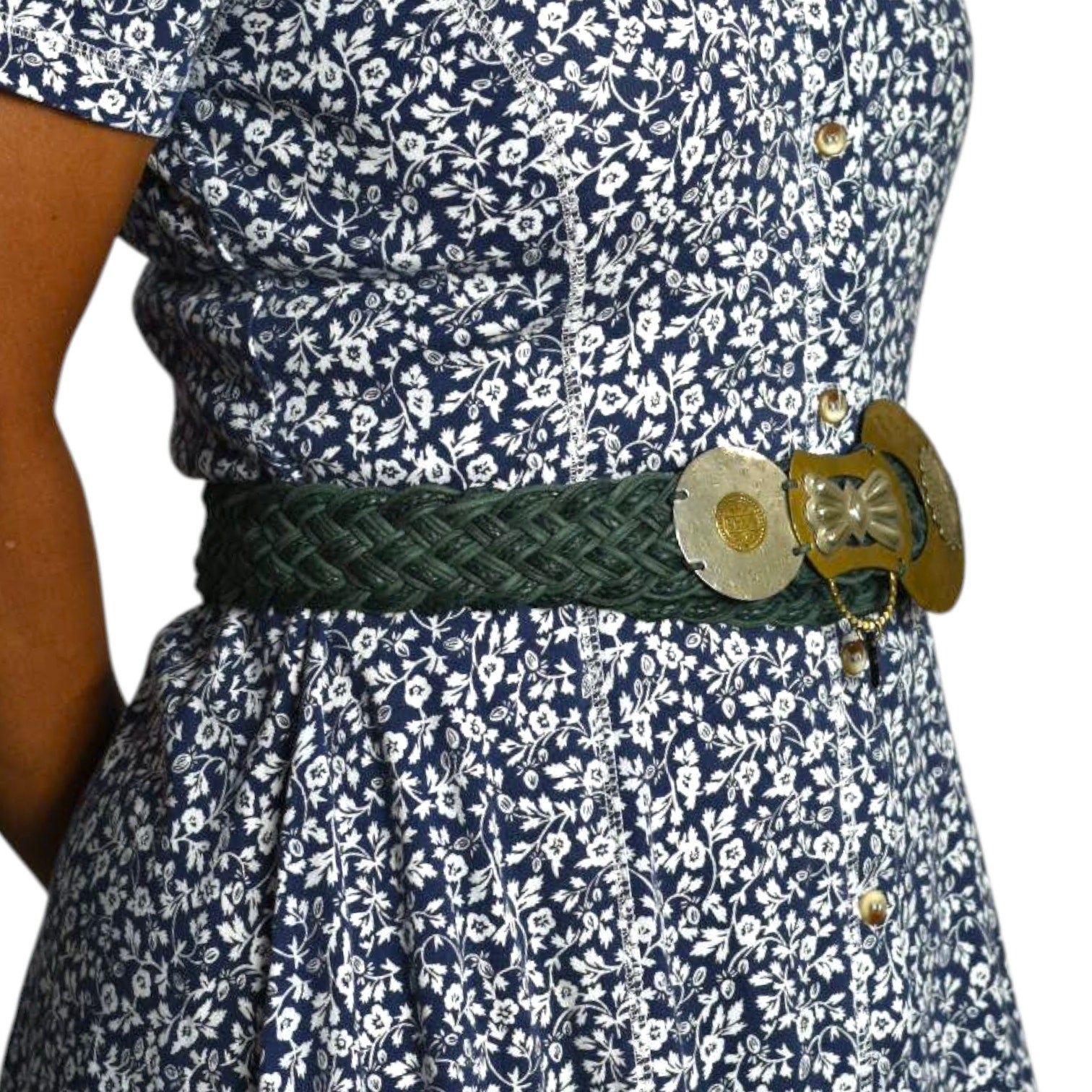 Baer SF Braided Belt Green Leather Mixed Embellished Media Metals Discs Arty Bohemian Handmade