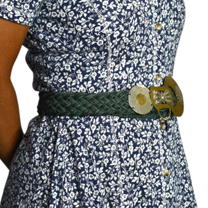 Baer SF Braided Belt Green Leather Mixed Embellished Media Metals Discs Arty Bohemian Handmade