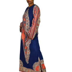 Vintage Dashiki Pakistan Caftan Dress Blue Kaftan 70s Maxi Dress Kimono Sleeve Side Slits Hippie Bohemian Festival Medium