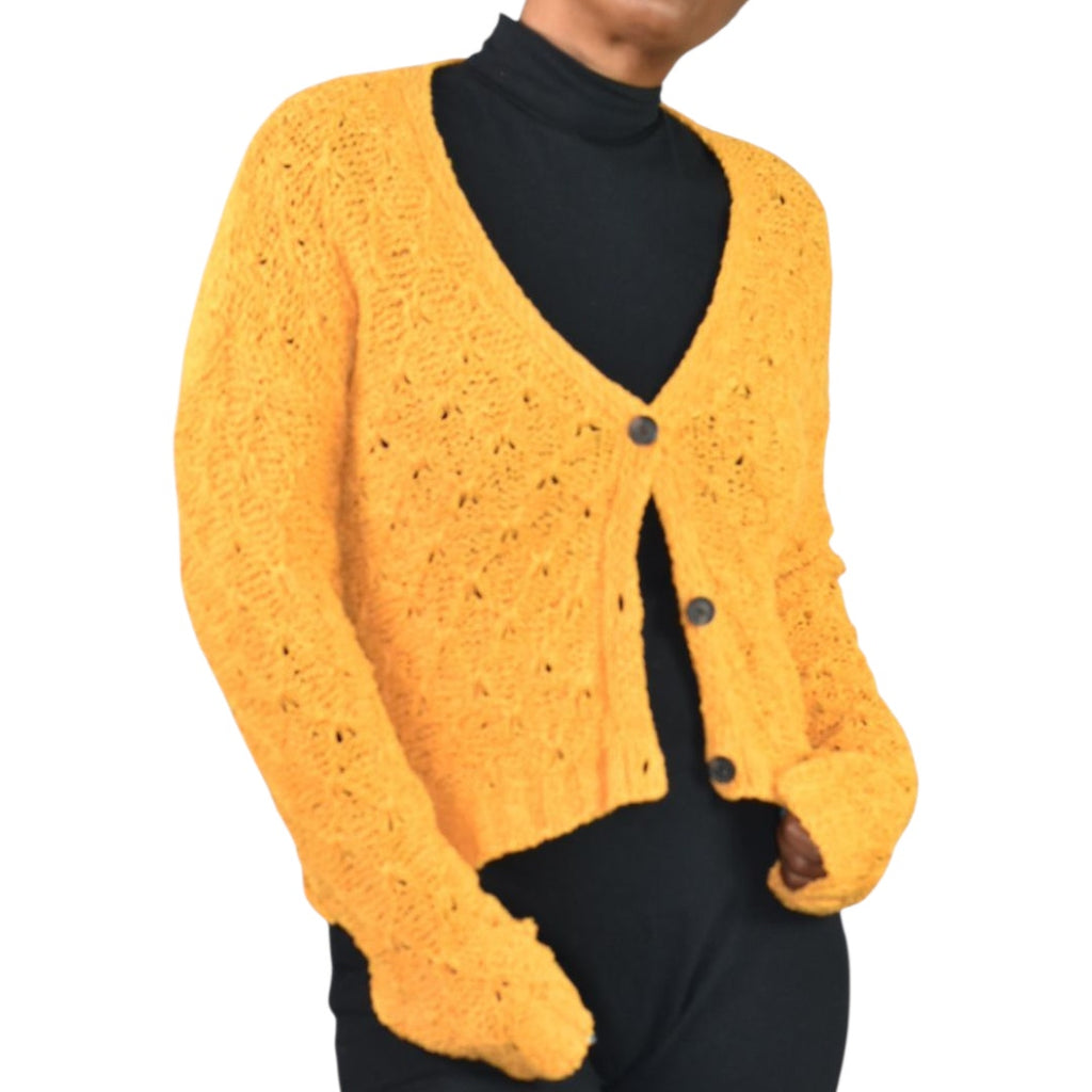 American Eagle Cropped Cardigan Sweater Yellow Slouchy Crochet Cotton Blend Knit Boxy V Neck XS