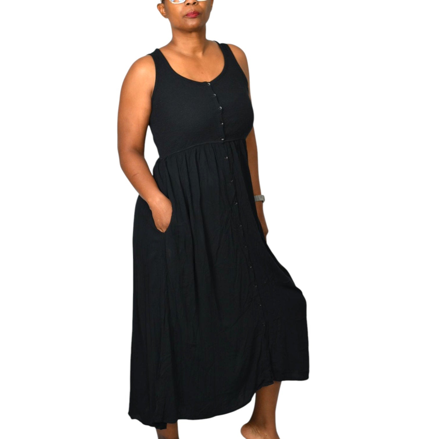 Frye Easy Button Front Dress Black Midi Minimalist Tank Jersey Knit Pockets Rayon XS