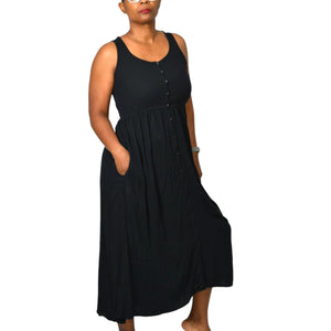 Frye Easy Button Front Dress Black Midi Minimalist Tank Jersey Knit Pockets Rayon XS
